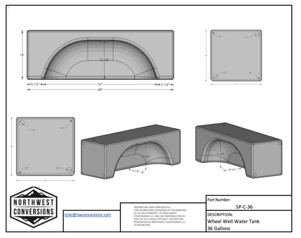 NW Conversions 36 Gallon Wheel Well Water Tank - Centered (SP-C-36)