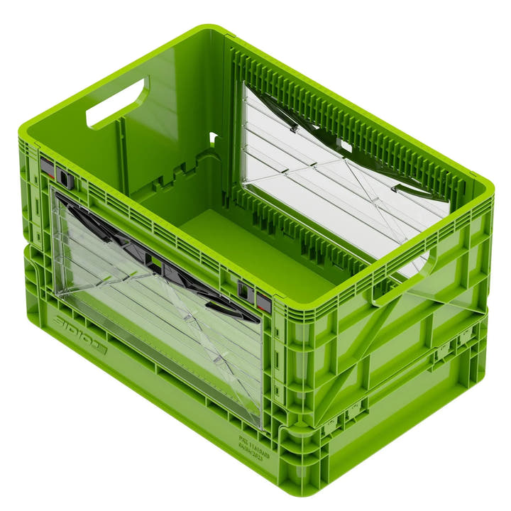 Green SidioCrate collapsible window storage crate for camper vans.