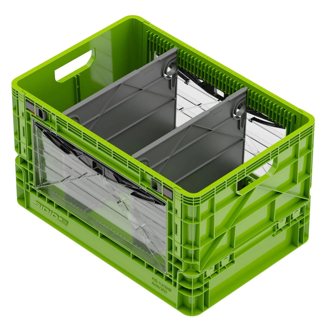 Green SidioCrate collapsible storage bin with clear window for camper van organization.