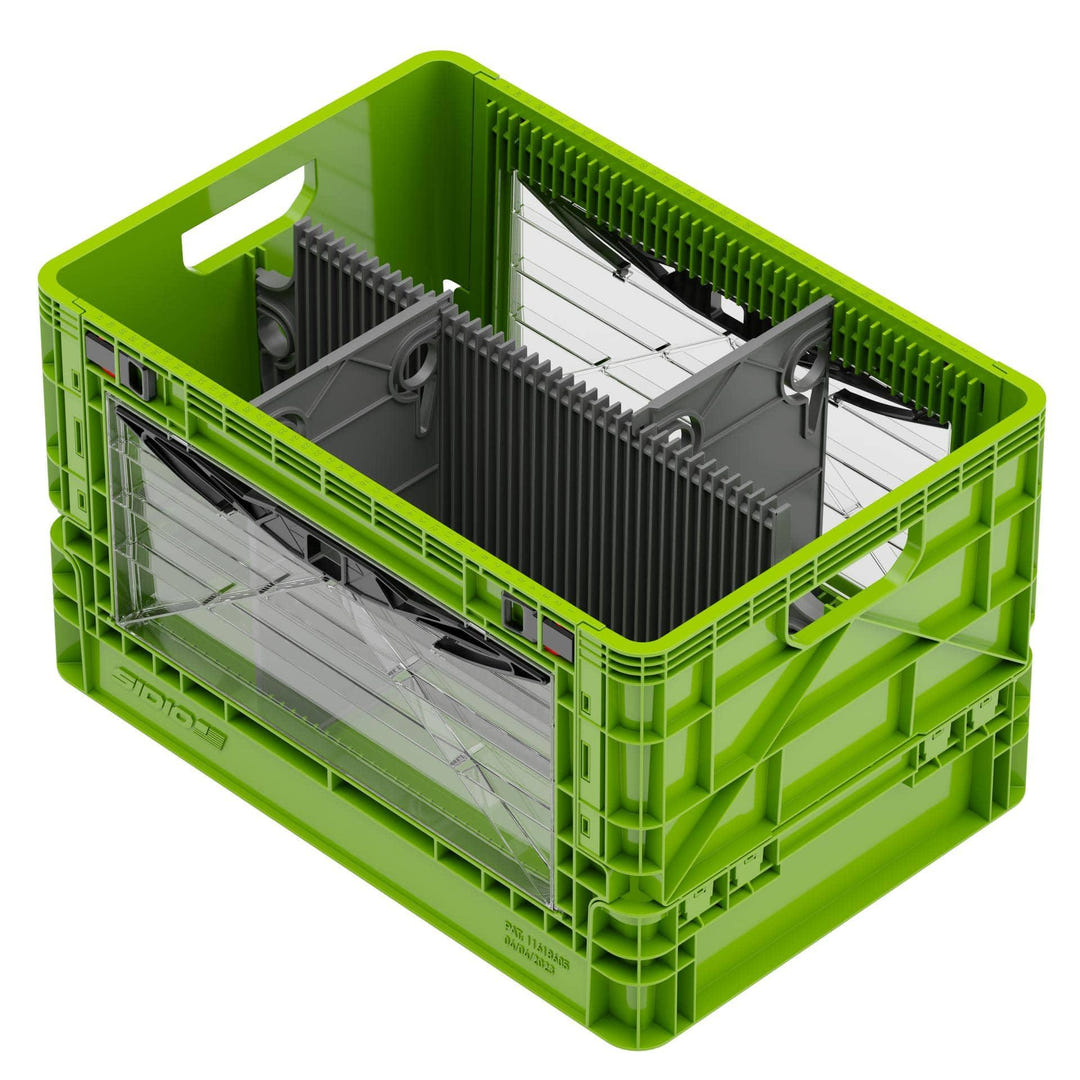 Green collapsible SidioCrate storage bin with clear window and gray internal dividers.