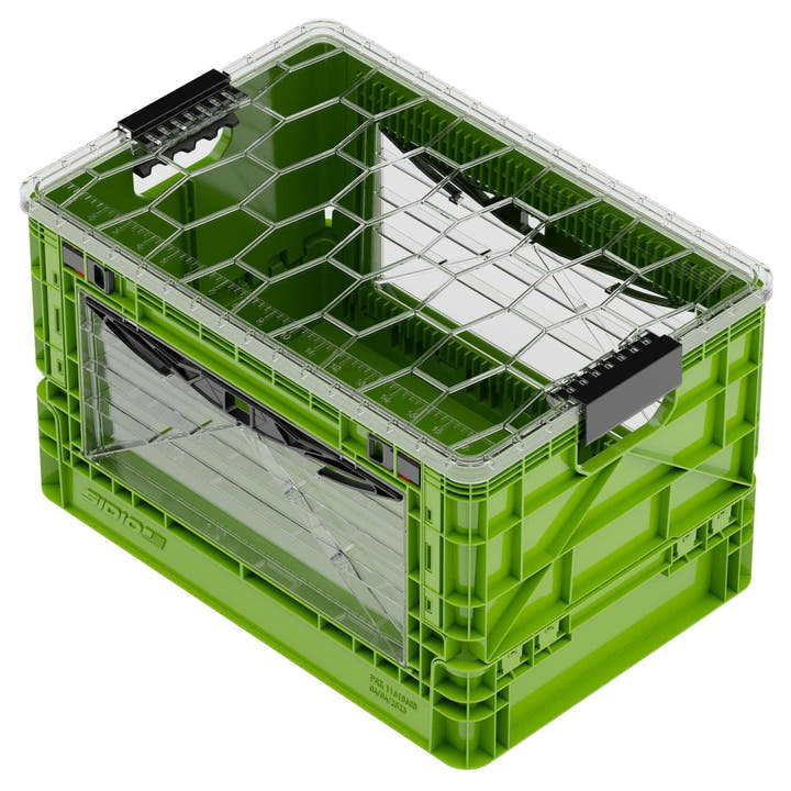 Green SidioCrate collapsible storage crate with clear window for camper van organization.