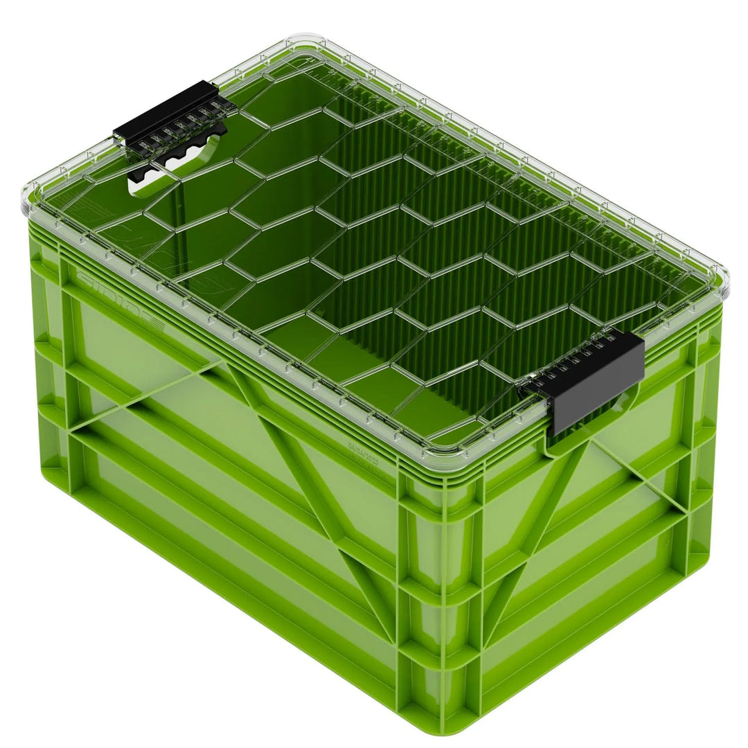 Green SidioCrate heavy-duty plastic storage bin for camper van organization.