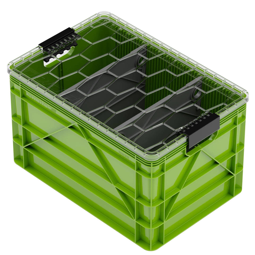 Green SidioCrate heavy-duty storage bin with clear lid for camper van organization.