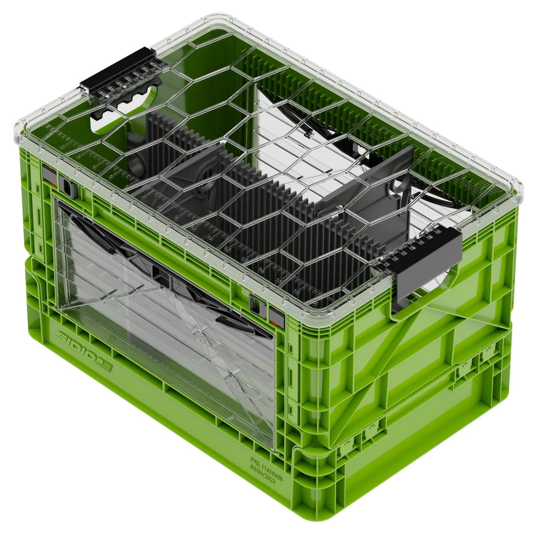 Green and clear SidioCrate collapsible window storage crate for camper vans.