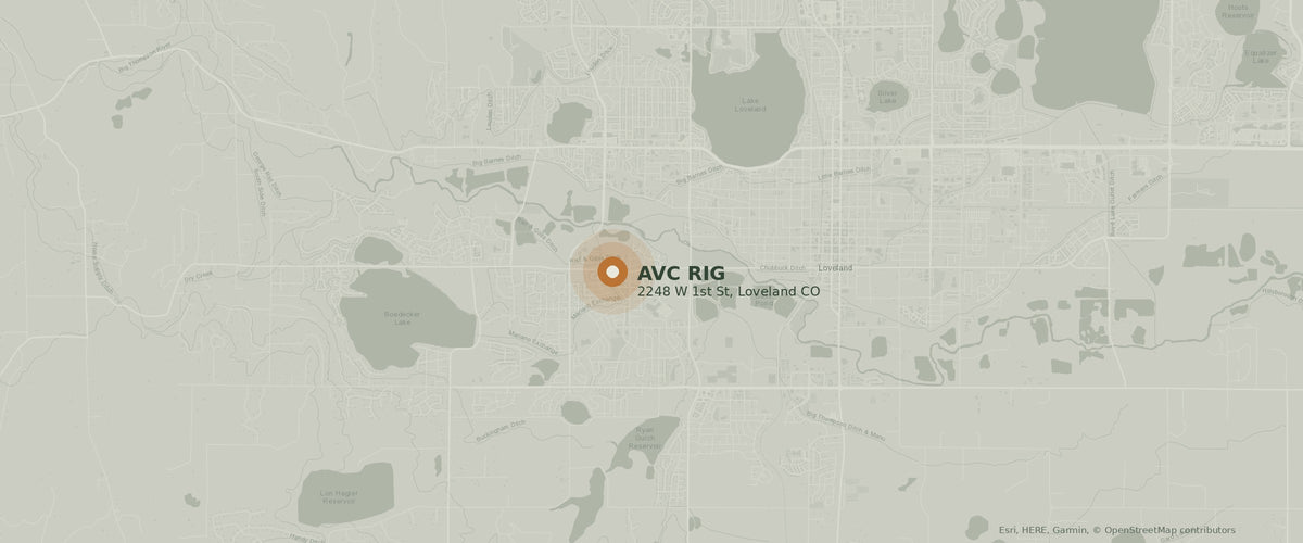 Map of the Loveland, Colorado area showing AVC RIG at 2248 W 1st St