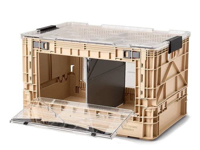 Tan SidioCrate collapsible storage unit with a clear window lid for adventure vehicles.
