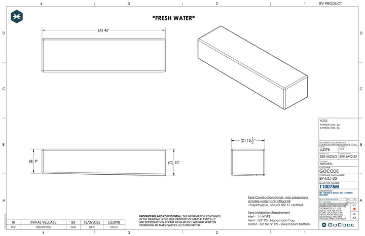 22-Gallon Mercedes Sprinter Driver Side Undercarriage Water Tank (SP-UC-22) - AVC RIG